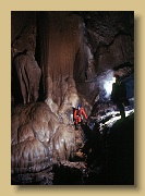 NL: Onderaan de P16 op -880m diepte, is er een mooie zaal, met sombere maar imposante druipsteenformaties EN: At the bottom of a 16 meter pitch at -880m there is a beautiful room, with dark brown calcite formations. AF116-Badalona